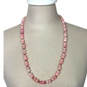 Pink Opal Gemstone Beaded Necklace Gold Tone Spacer Beads 26"